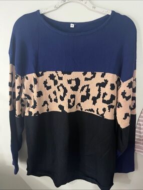 Colorblock Leopard Knit Sweater - Navy, Tan & Black